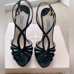 Prada black suede platform high heels sandals size 38 crossover straps used